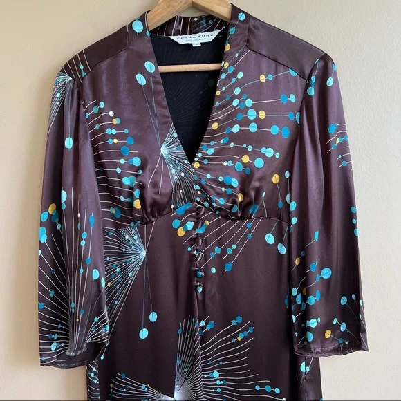 TRINA TURK brown satin retro print dress size 6 - Picture 2 of 6